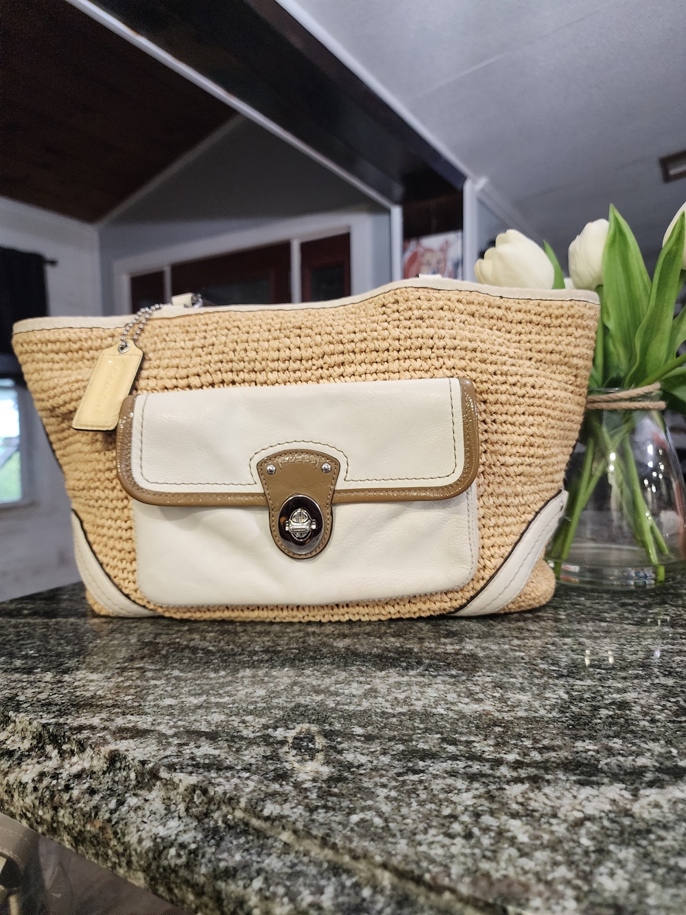 Coach Beige Straw Pocket Tote with Cream Leather Trim